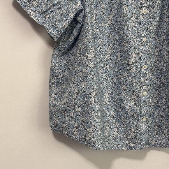 J Crew Blouse XXL Blue‎ Floral Print Puff Sleeve Button Front Preppy Linen Blend - Picture 4 of 9